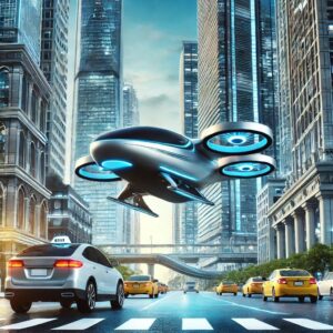 未来的な空飛ぶタクシーが都市の空を飛行する様子