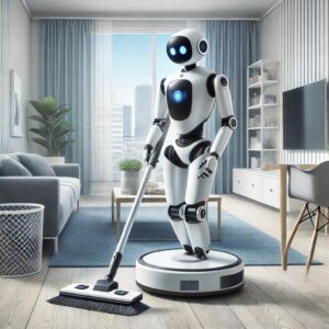 未来的なロボット掃除機がモダンな家を掃除している様子