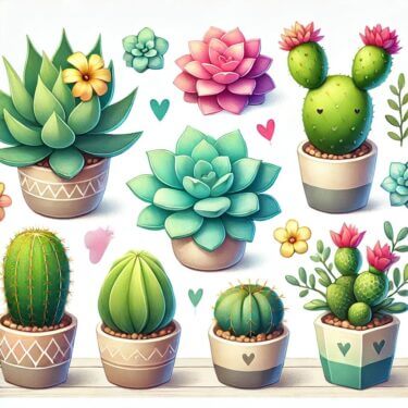 かわいらしい多肉植物のコレクション。エケベリア、アロエ、サボテンなど、さまざまな種類の元気で健康的な多肉植物が小さなデコレーションポットに飾られています。
