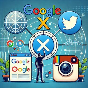 Google、X（旧Twitter）、Instagramの広告戦略を表現するデジタル広告のビジュアル。オンライン広告とターゲットマーケティングを示すアイコンやシンボルが描かれている。