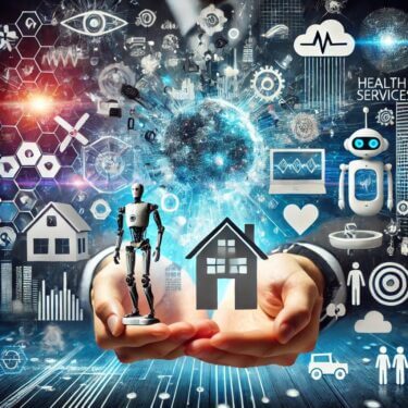 ロボット、スマートホーム、健康モニタリングデバイスなど、未来的な技術を示すダイナミックなアイキャッチ画像