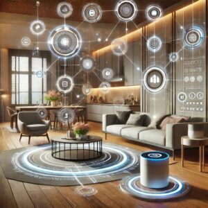 「スマートサーモスタットや自動ブラインドが完備された未来的なリビングルーム」