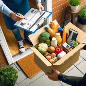 玄関で食材配達を受け取る様子、実用的なサブスクサービス