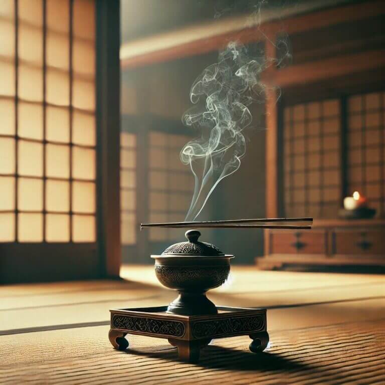 A calming image of incense being burned in a traditional Japanese incense burner, smoke gently rising, and a tatami and wooden background.