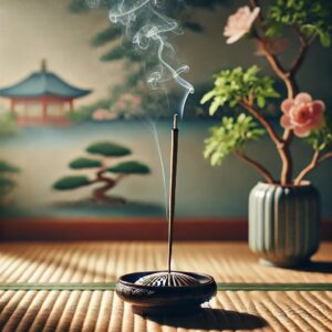 A Japanese incense stick burning in a traditional holder, placed on a tatami mat with smoke rising, evoking relaxation and mindfulness in a serene Japanese setting