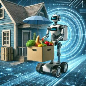 ロボットが家に食材を配達する未来的なイメージ