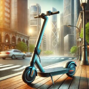 都市の風景に停められたモダンな電動キックボード、モビリティサブスクを象徴