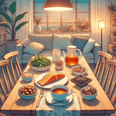 アニメ風のイラストで、サーモン、ナッツ、海藻、ルイボスティーなどストレス軽減に役立つ食品が並ぶ、落ち着いた食卓の風景。