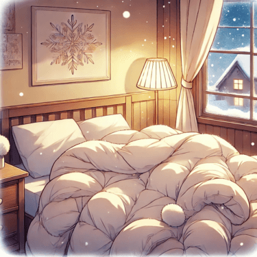 アニメ風の冬の寝室。暖かそうな掛け布団がベッドに広がり、窓の外には雪が静かに降る様子が描かれた心温まるイラスト。