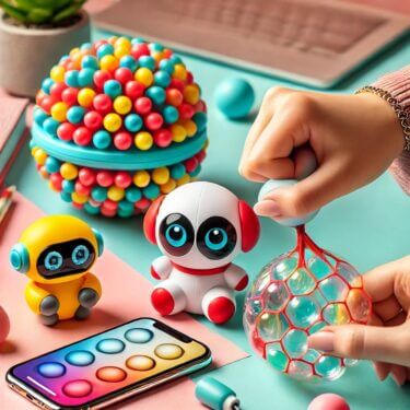 デスク上に設置されたパンチングボール、動く可愛いロボットペット、カラフルなバブルラップを押して遊ぶ手元が映ったユニークなストレス解消グッズのシーン。楽しくリラックスできる雰囲気を演出。