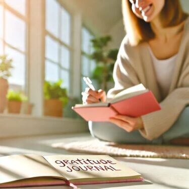 朝日が差し込むリビングルームで、感謝リストを書いている女性。日常生活にポジティブ思考を取り入れるための実践例。