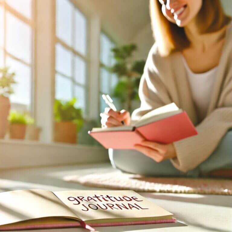 朝日が差し込むリビングルームで、感謝リストを書いている女性。日常生活にポジティブ思考を取り入れるための実践例。