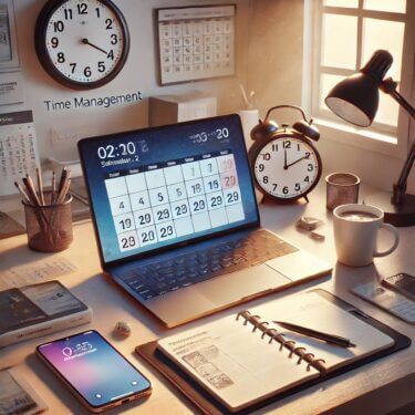 机の上に時計、スマホ、パソコン、予定表、メモ帳が置かれた、効率的な時間管理を象徴する風景。