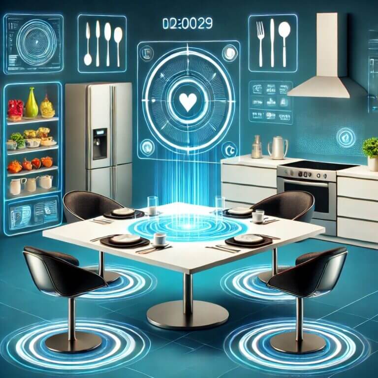未来的な食卓を描いたイラスト。スマートキッチンデバイスやホログラフィックメニューが配置されたモダンで革新的なテーブルセッティング。
