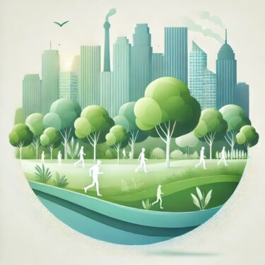 都会の緑地を描いた現代的なイラスト。背景に広がる都市のスカイラインと、前景に位置する緑豊かな公園でリラックスする人々が特徴的なデザイン。