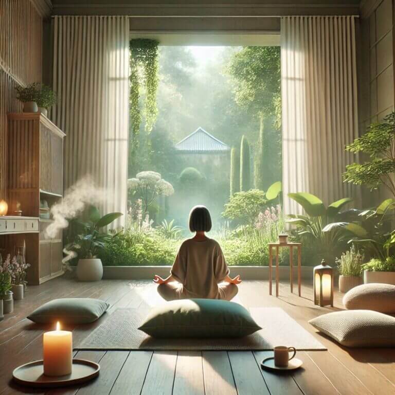 家の中で窓に向かって瞑想する女性。観葉植物が置かれた穏やかな空間が、マインドフルネスの癒しを象徴している