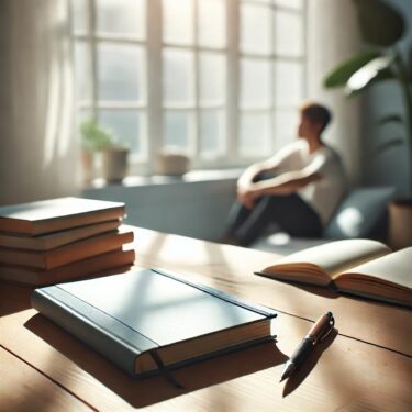 自然光が差し込む静かな部屋の木製デスクにノートとペンが置かれ、背景には考え事をする人物が座るセルフリフレクションを象徴するシーン。