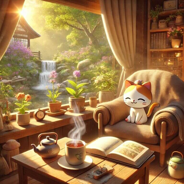 リビングの椅子でリラックスする猫と机に置かれたカモミールティーが描かれたアニメ風イラスト。癒しとストレス解消の穏やかなシーン。