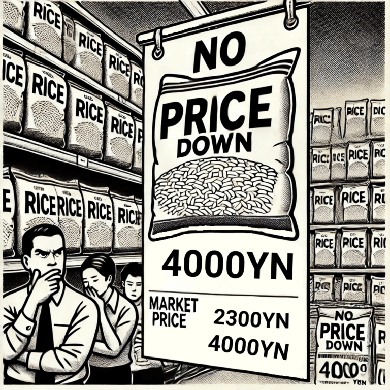 スーパーの米売り場に『NO PRICE DOWN』と大きく書かれた看板が掲げられている。市場価格は2300円と表示されているのに、スーパーの価格タグは4000円のまま。消費者が困惑している様子も描かれている。