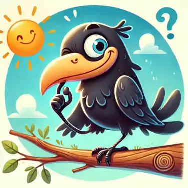 青空の下、木の枝にとまって石をくわえたいたずら好きな表情のカラスのイラスト