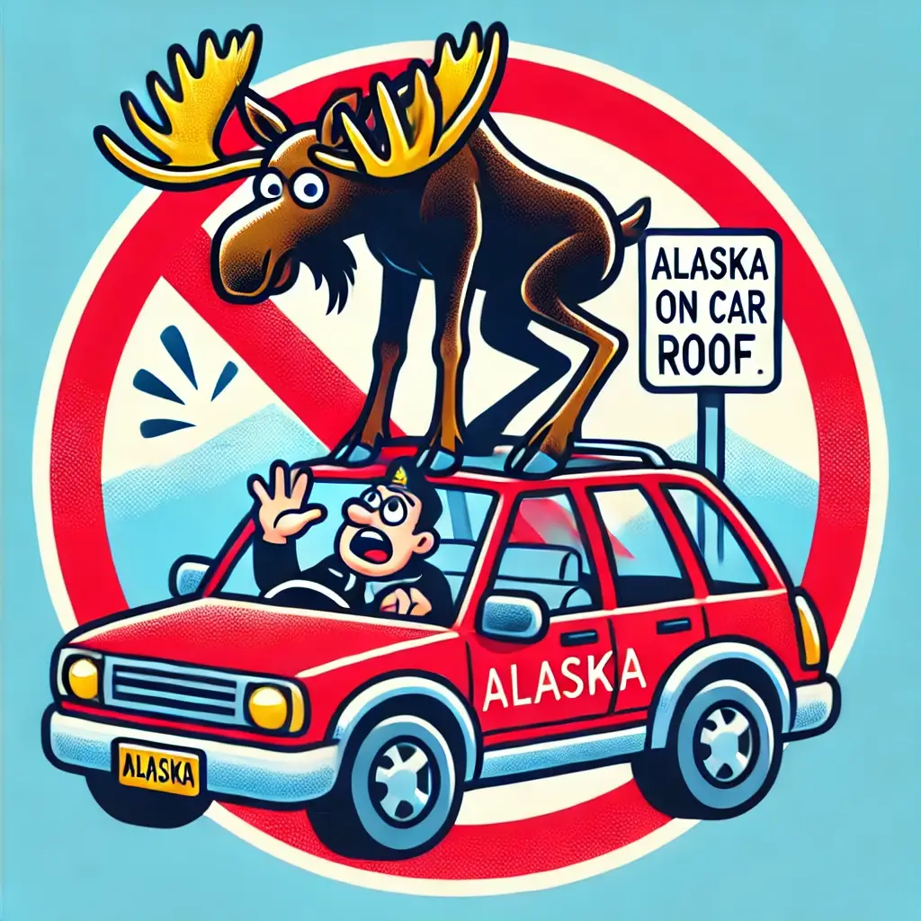 車の屋根に乗るヘラジカと驚く運転手のイラスト。