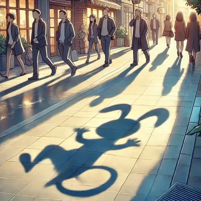 陽光の下で遊び心のある影が映し出された街の風景。影がさまざまな形を取り、日常の中のユニークな視点を描いたアニメ風イラスト。