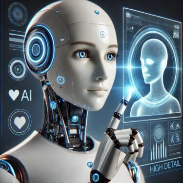 未来的なヒューマノイドロボットがホログラフィックインターフェースと対話している様子