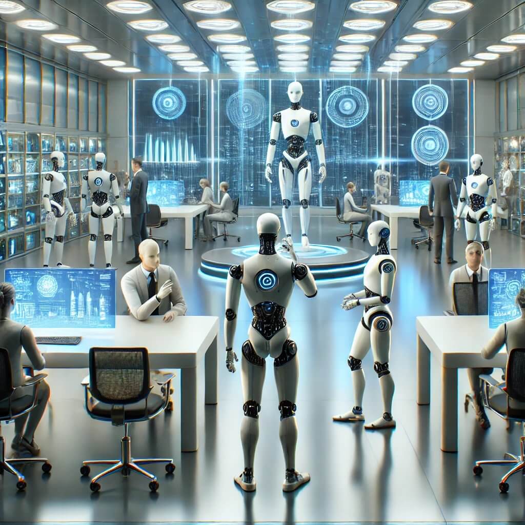 未来的なラボで、複数のヒューマノイドロボットが人間と対話している