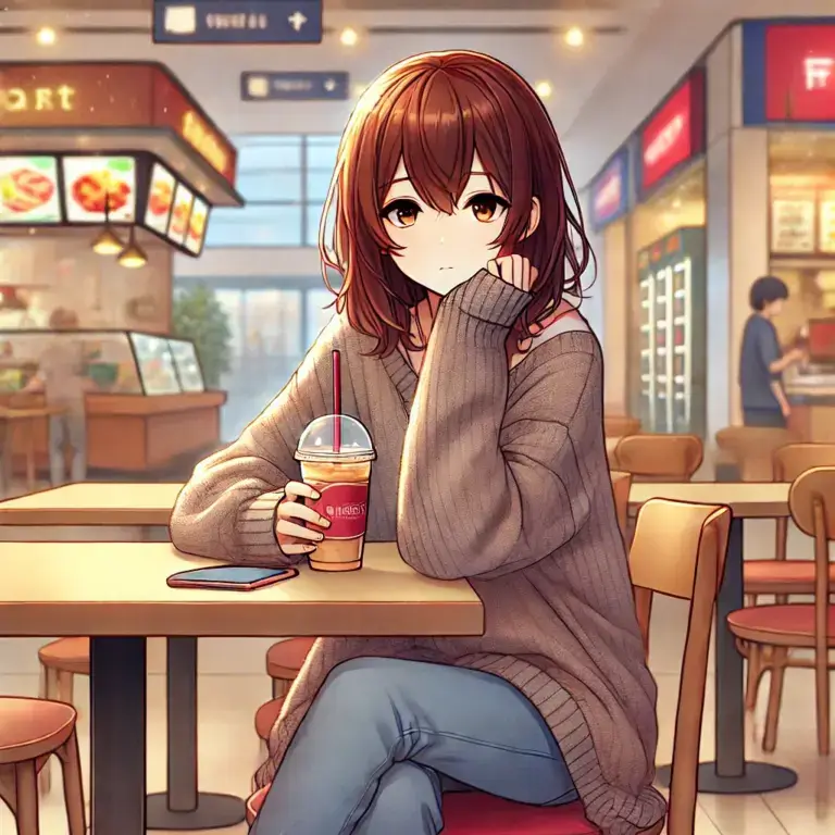 昼のフードコートで一人で過す女性。