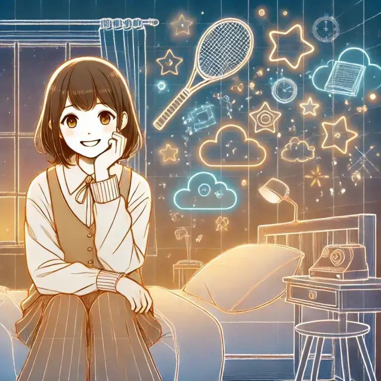 ベッドで横になり、夢の中で想像を巡らせるリカ編集長。周囲には星や雲、テニスラケットの幻想的な光が漂うアニメ風イラスト。