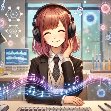 リカ編集長がヘッドホンで音楽を聴きながら微笑むアニメ風イラスト。背景には音符や細胞のイメージが広がり、妄想研究所のテーマを表現している。