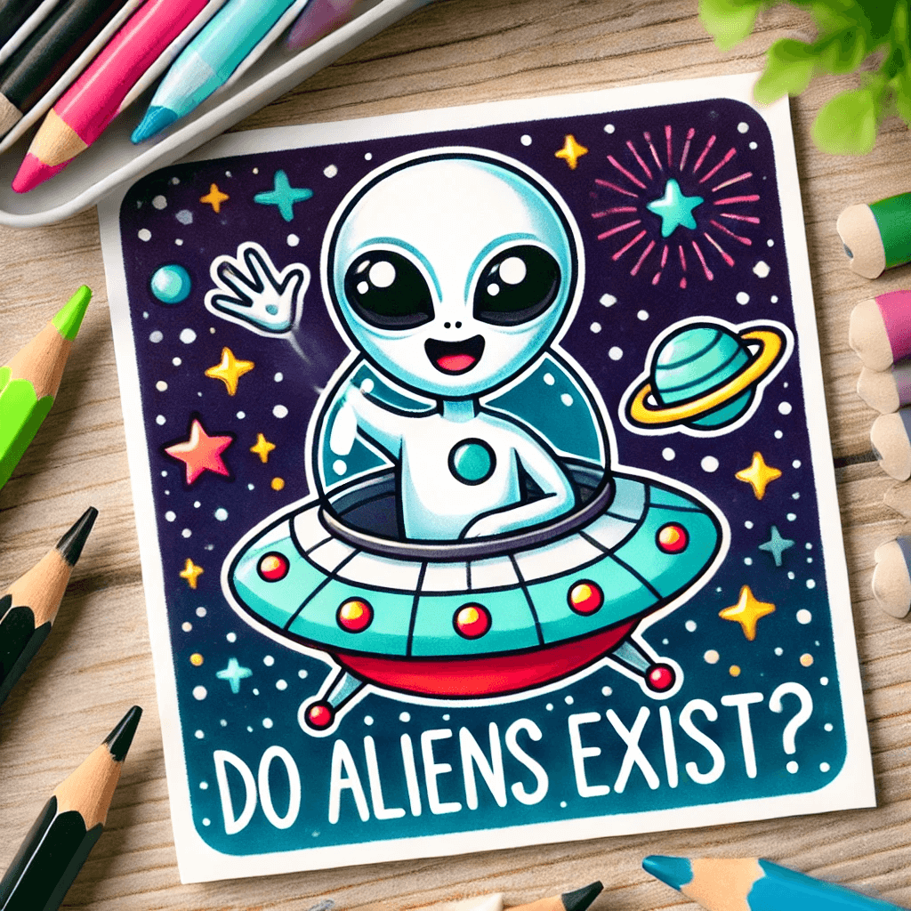 宇宙船に乗り、星空を背景に手を振るフレンドリーな宇宙人のイラスト
