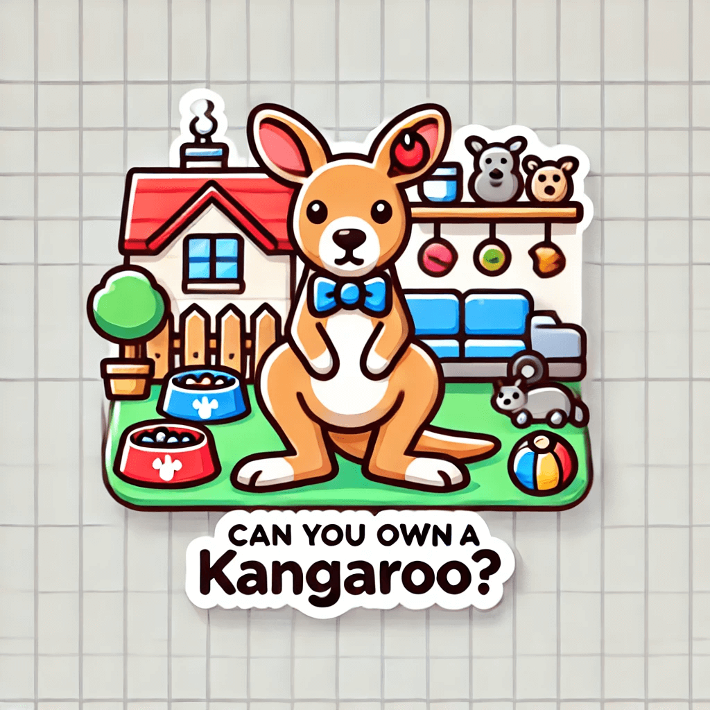 ネクタイをつけたカンガルーがペット用品に囲まれた家庭的な雰囲気を描いたイラスト