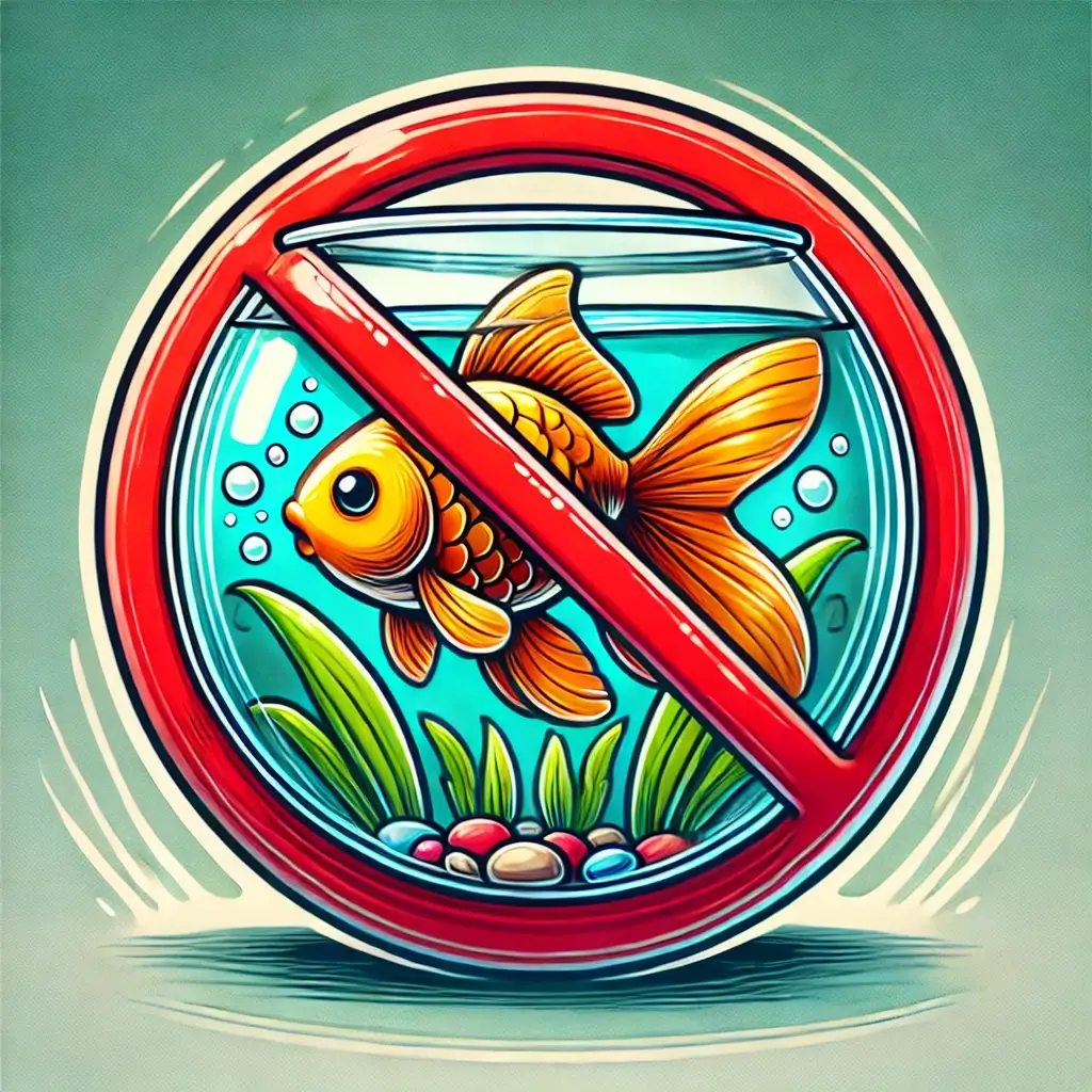 ガラスのボウルに入った金魚と禁止マークのイラスト。