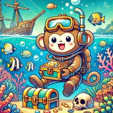 海底でサルがサルベージ作業をしているアニメ風イラスト。ダイビングスーツを着たサルが宝箱を持ち、沈没船やカラフルな海洋生物に囲まれている冒険的なシーン。