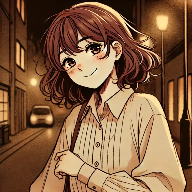 ニアっと想像して微笑む女性。