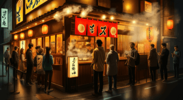 ラーメン屋に並ぶ人々がイメージされた写真
