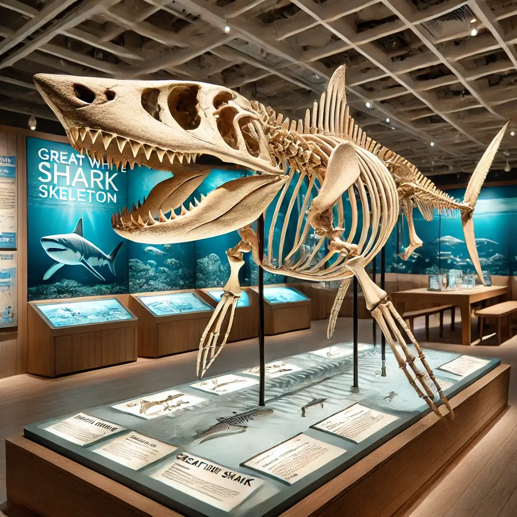 博物館の展示室に設置されたホホジロザメの骨格模型。精巧に再現された顎の構造、肋骨、骨格全体がライトアップされ、詳細が際立っています。背景には情報パネルや海洋をテーマにした展示が映り込んでいます。