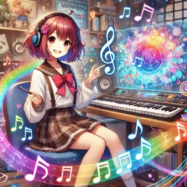 リカ編集長が音楽を聴きながら笑顔で微笑むアニメ風イラスト。背景には音符や動き出す絵画があり、妄想研究所らしい未来的な雰囲気が広がっている。