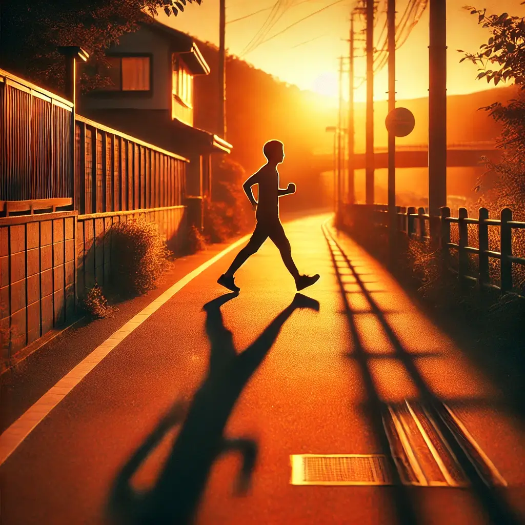 夕日の中で動きに合わせて伸びる影を感じながら歩く人物。影と心のつながりを象徴する瞑想シーン。