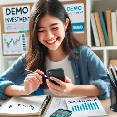 笑顔の中高生がスマートフォンでデモ投資アプリを見ている様子。背景にはノートや教科書など学生生活を象徴するアイテムがあり、投資の学びを楽しむ姿を表現しています。