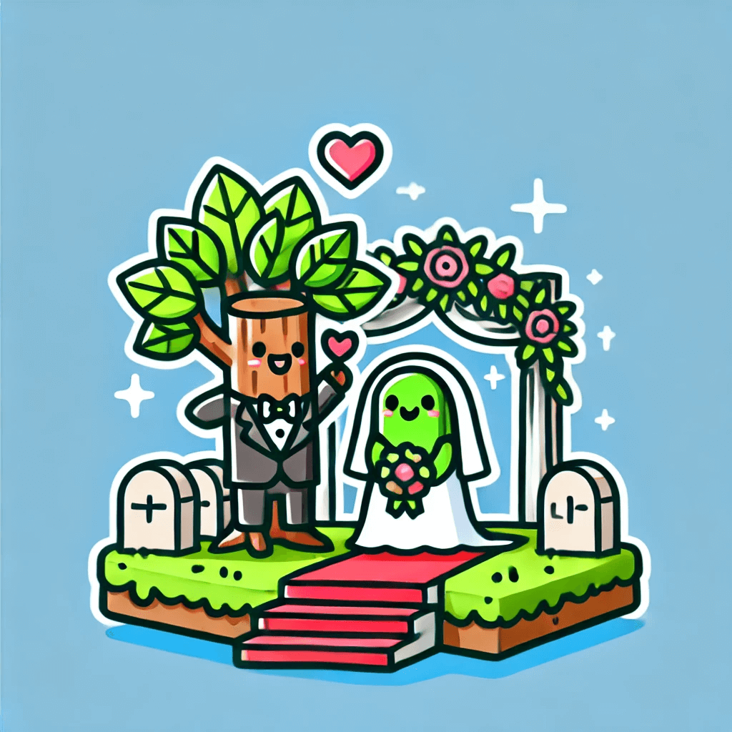 木を新郎、人を新婦として描いたユニークな結婚式のイラスト