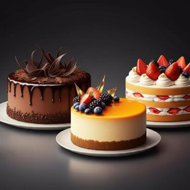 美しくデコレーションされた3つのクリスマスケーキ。伝統と現代の進化を象徴する華やかなケーキたち。